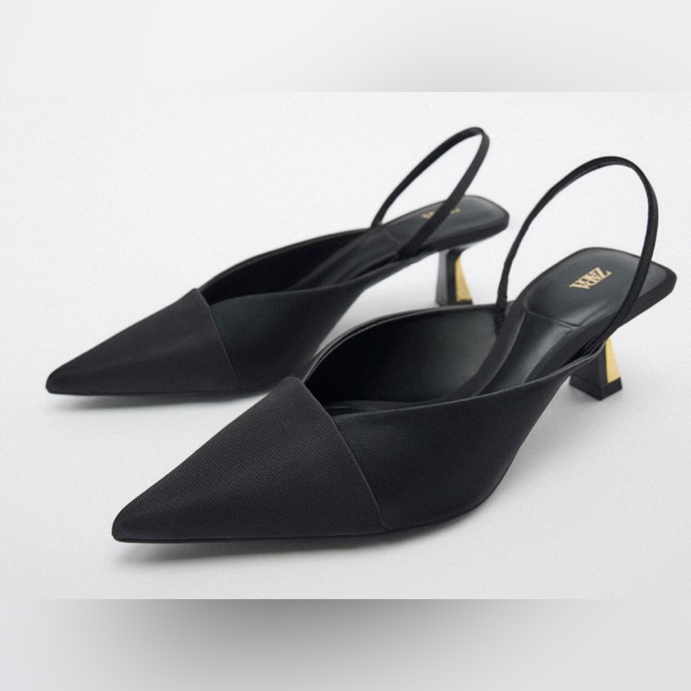 NEW Zara Slingback Kitten Heel Pointed Toe Black Pumps with Metallic Gold Heel